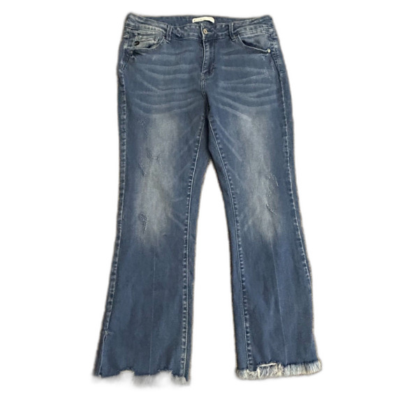 KanCan Blue Medium Wash Mid-Rise Distressed Split Fray Hem Straight Leg Jeans 16 - Picture 1 of 15
